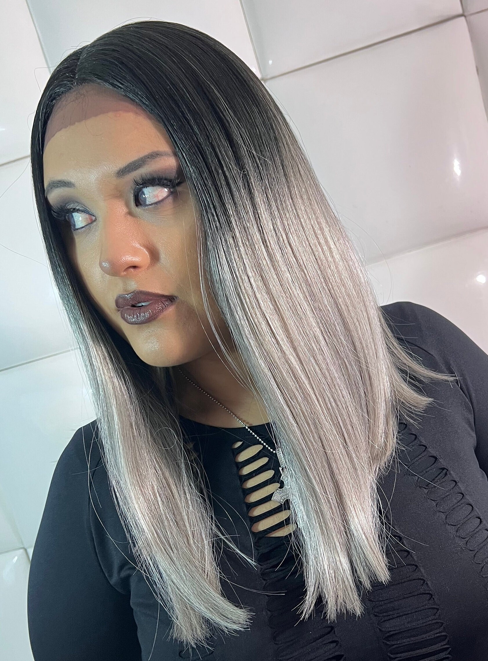 Synthetic Swiss Lace Front Wig GREY GRAY Silver OMBRE (black 