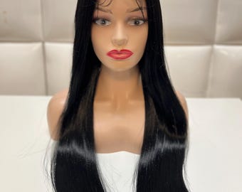 JET BLACK Hair Lace Front Wig * Synthetic Fiber * Extra Long Straight * Sleek Natural Wigs