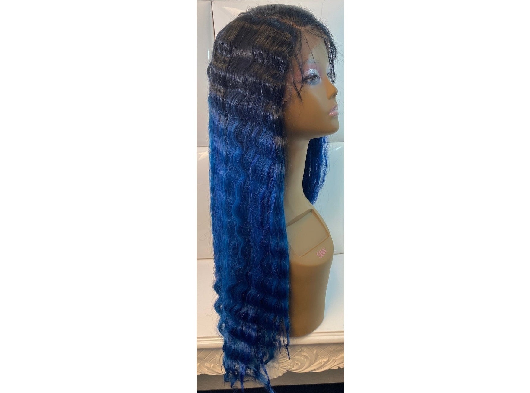 Swiss Lace Front Wig DEEP OCEAN BLUE - Black Roots Ombre 