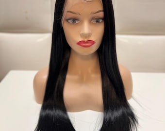 SOFT BLACK Synthetic Lace Front Wig - Extra Long Sleek Straight Hair - Natural