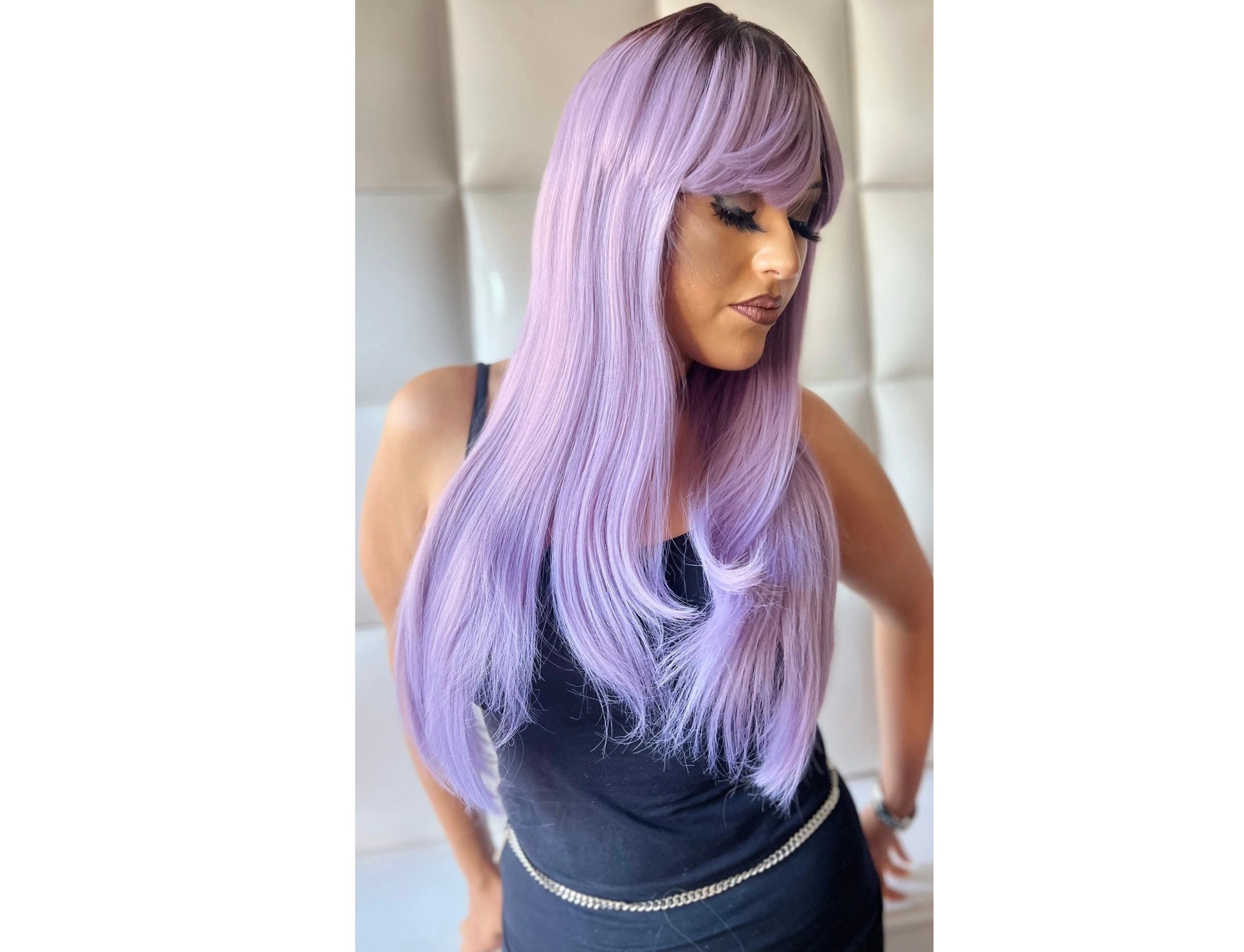Long purple wig with bangs deals