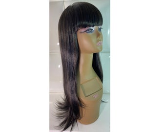 Synthetic Hair Wig SOFT BLACK (BROWN highlights) - Long Sleek Straight -  Bangs - Alternative Cosplay Costume Anime Goth Fringe 90s