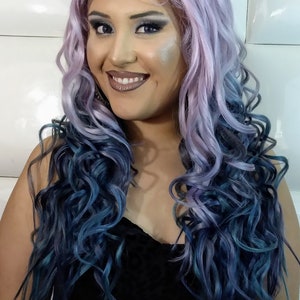 purple and blue hair wig. fairy hair wig. fairy queen hair. halloween hair wig. costume wigs. party wigs. cardi b hair wig. saweetie wig. lavender blue hair. pastel color lace front wig. unicorn lace front wig. rainbow hair wig. watercolor hair wig