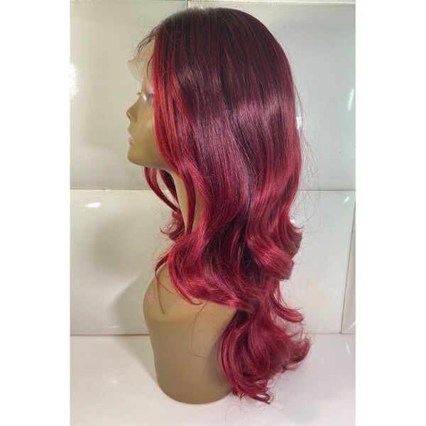 Swiss Lace Front Wig CHERRY RED & BURGUNDY (Dark Roots) Deep Part * Loose Layered Waves Wavy * Synthetic Natural Baby Hairs - Alt Glamorous