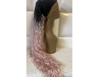LIGHT PINK & BLACK Drawstring Ponytail * Extra Long Wavy Extension * Hair Piece - Kpop Alt - Girly Hairstyle - Easy Pony Style