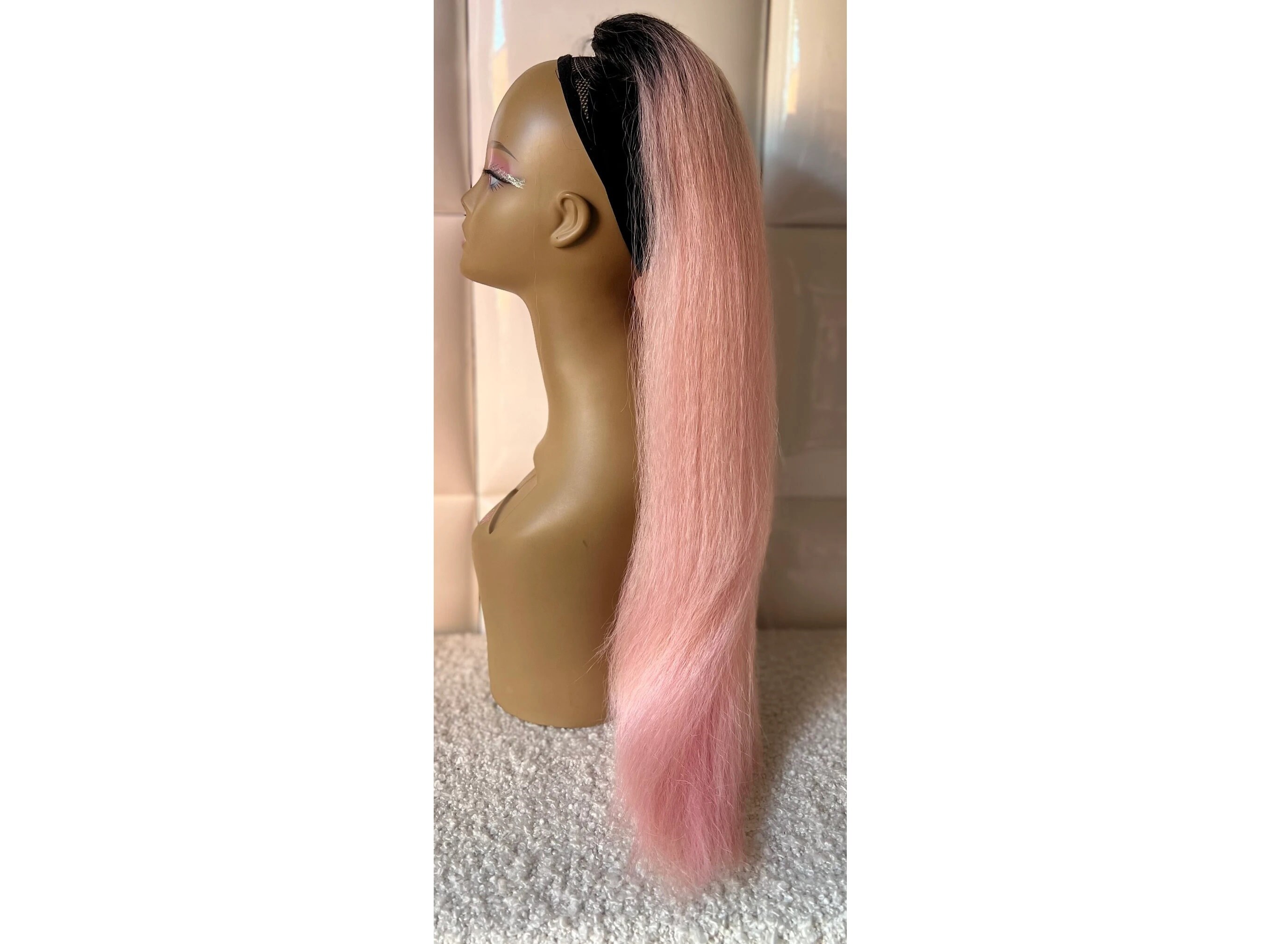 30" LIGHT PASTEL PINK Drawstring Ponytail - Long Straight Yaki Hairstyle * Synthetic Natural Yaky Hair Extension* Alt Goth E-girl Kpop Pony