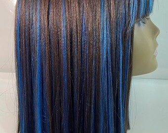 Synthetic Full Cap Wig Brown Hair Blue Highlights Short - Etsy Synthetic Full Cap Wig Brown Hair Blue Highlights Short - Etsy
