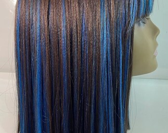 Synthetic Full Cap Wig Brown Hair Blue Highlights Short - Etsy