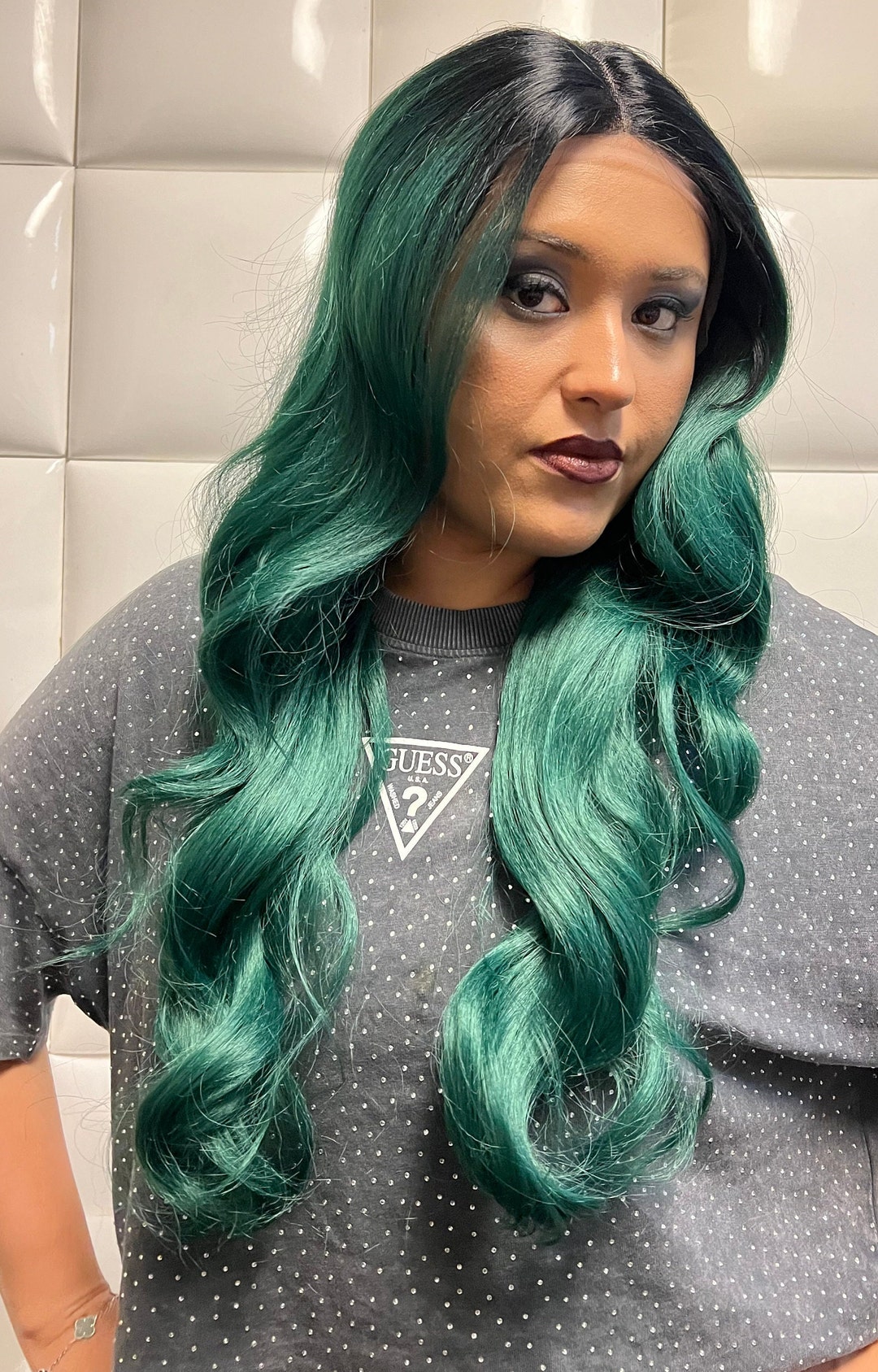 Synthetic Lace Front Wig Jade Green (dark Roots) Long Wavy