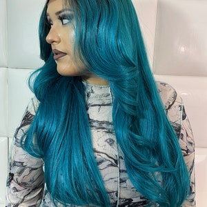 BRIGHT TEAL BLUE Swiss Lace Front Wig Human Hair & Synthetic - Etsy