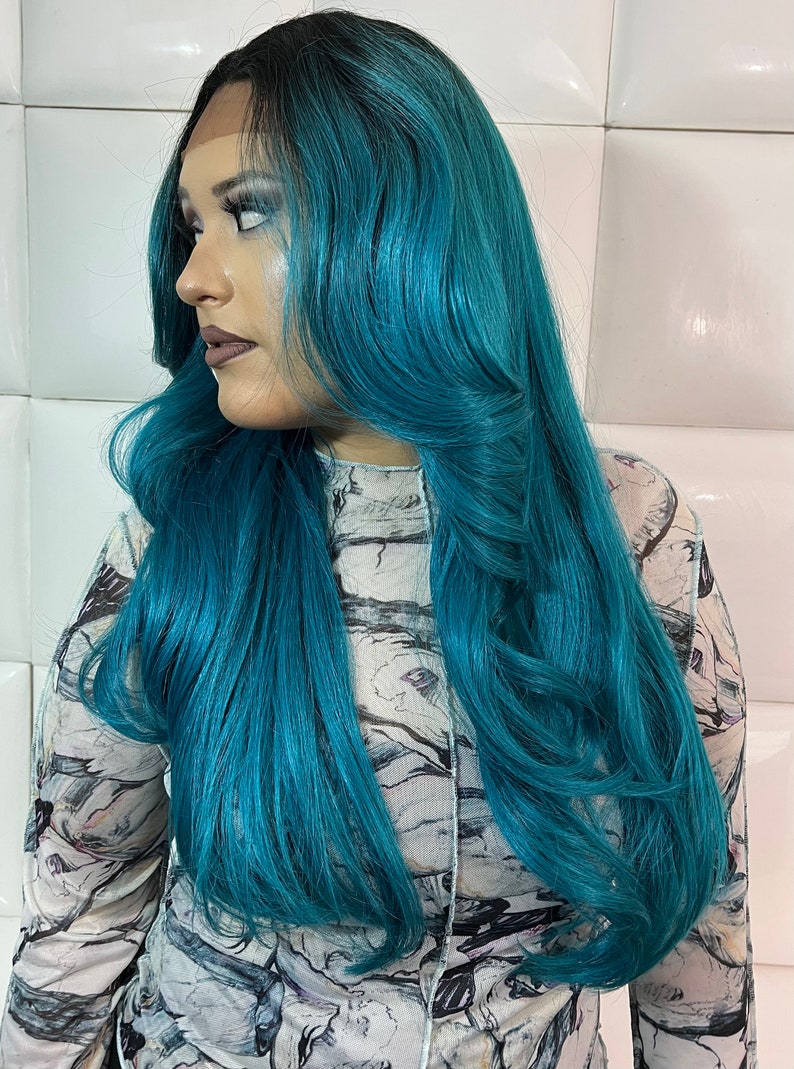 BRIGHT TEAL BLUE Swiss Lace Front Wig Human Hair & Synthetic - Etsy