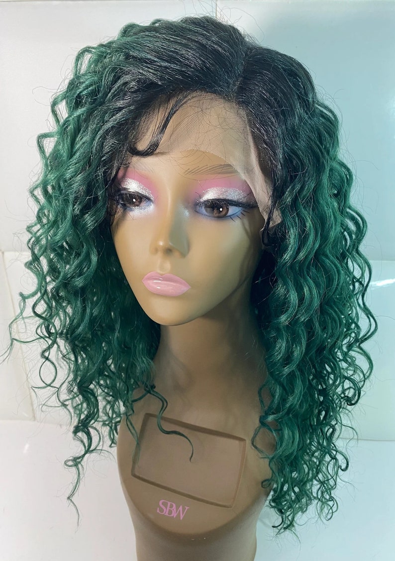 Synthetic Lace Front Wig Jade Green dark roots Long Etsy
