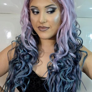 purple and blue hair wig. fairy hair wig. fairy queen hair. halloween hair wig. costume wigs. party wigs. cardi b hair wig. saweetie wig. lavender blue hair. pastel color lace front wig. unicorn lace front wig. rainbow hair wig. watercolor hair wig