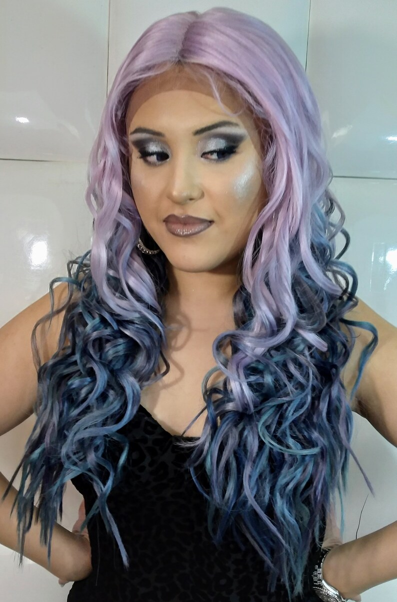 purple and blue hair wig. fairy hair wig. fairy queen hair. halloween hair wig. costume wigs. party wigs. cardi b hair wig. saweetie wig. lavender blue hair. pastel color lace front wig. unicorn lace front wig. rainbow hair wig. watercolor hair wig