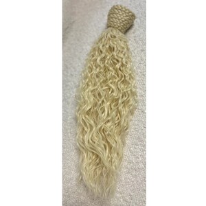 May include: A long, blonde, curly hair extension with a weft at the top.