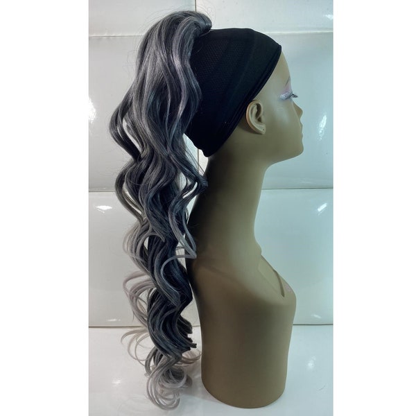 SILVER GREY GRAY Drawstring Ponytail Extension * Human Hair & Synthetic Fiber - Long Curly Natural Yaki - Loose Curls - Stylish Alt Egirl