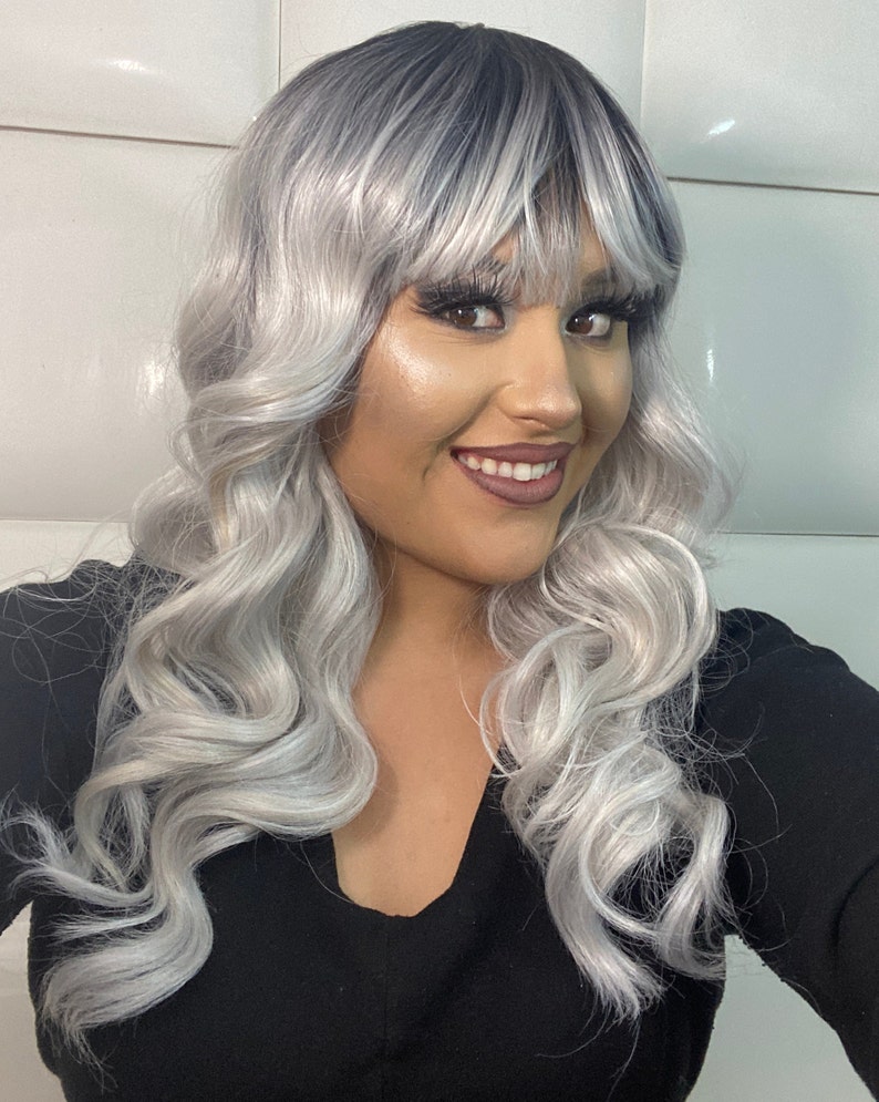 PLATINUM SILVER ASH Full Wig Bangs Light Grey Hair Long & Etsy