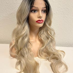 Synthetic Lace Front Wig  * SILVER LIGHT GREY Hair - Black Roots * Long Wavy Loose Waves * Alternative Alt Goth Grunge Witch Cosplay