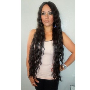 Synthetic Swiss Lace Front Wig * Dark Brown Color * Extra Long Body Wave * 36 inches in length * Deep Center Part * Natural Soft Wavy Hair