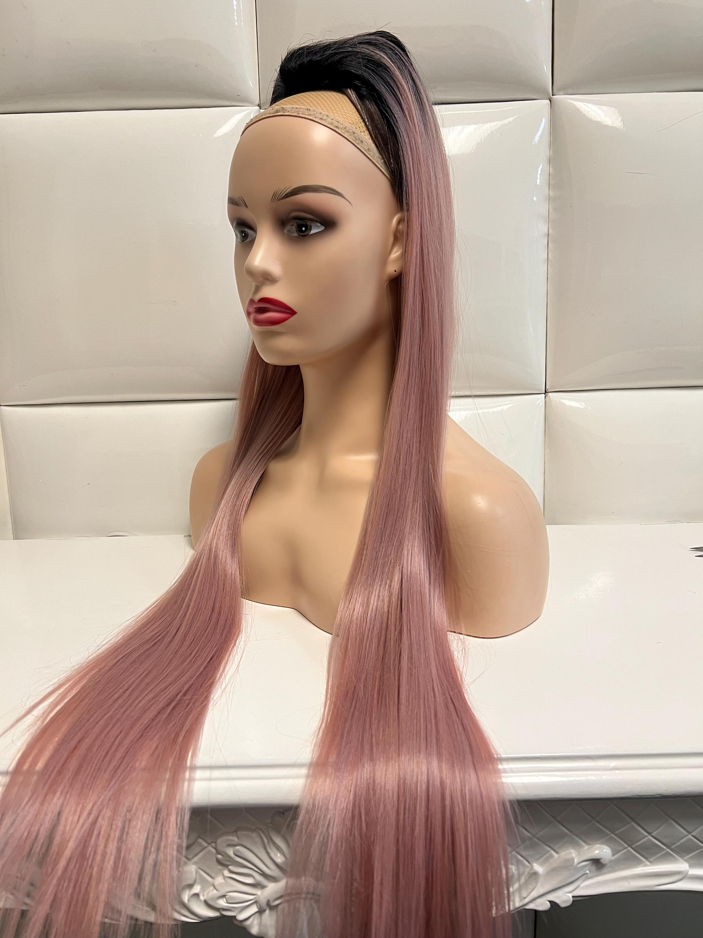 Drawstring Ponytail Extension ROSEGOLD PASTEL PINK (dark roots) Extra Long Straight Sleek * Synthetic Natural Hair - Light Pink - Ariana