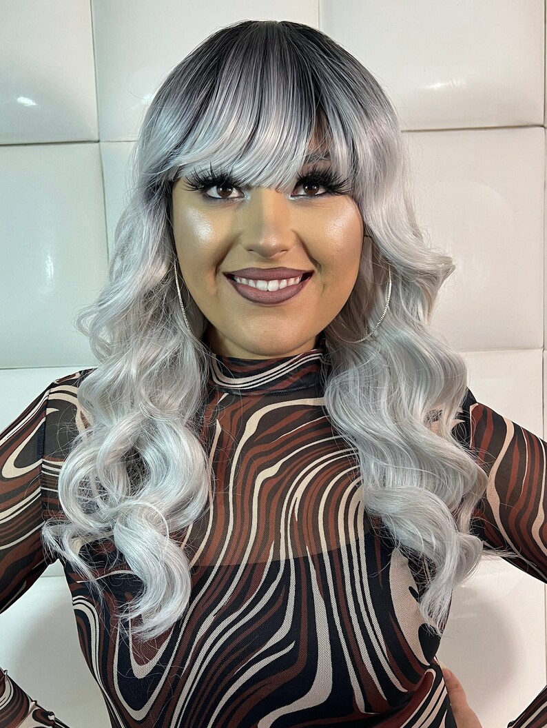 PLATINUM SILVER ASH Full Wig Bangs Light Grey Hair Long & Etsy