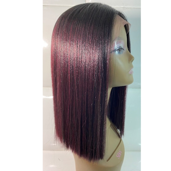 Synthetic Lace Front Wig * Burgundy with Black Roots * Blunt Cut Style * Straight 14" * Silky Yaki Texture * Long Sleek Bob * Peluca Lacia