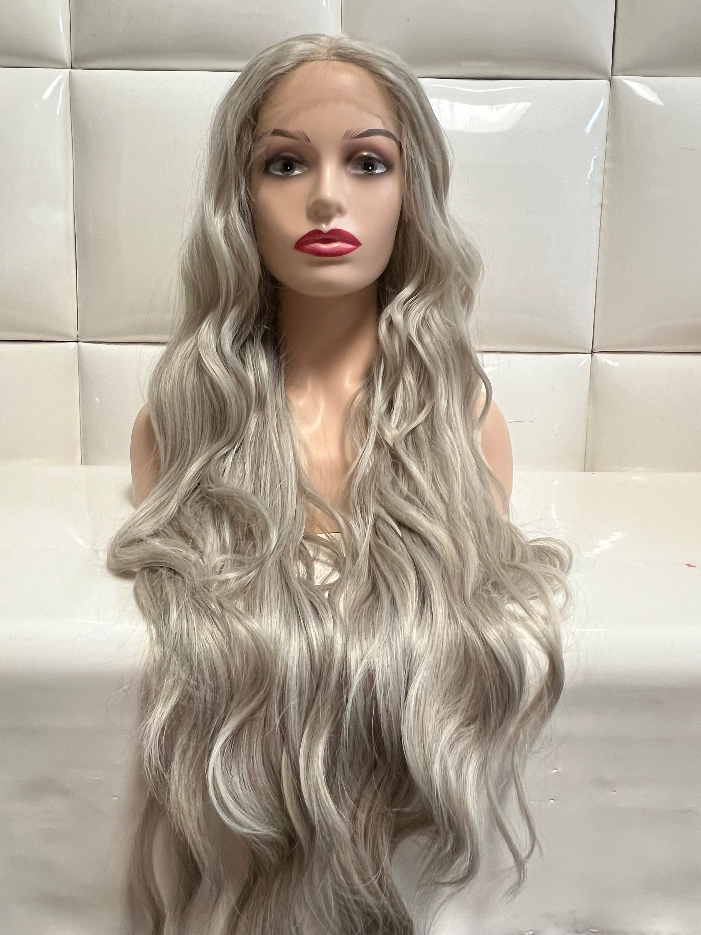 uri　シルクサテン100％レーススリップヴィンテージライトグレーシルバー Synthetic Swiss Lace Front Wig * SILVER LIGHT GREY Hair - Black
