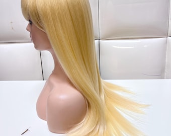 34" LIGHT BLONDE Synthetic Lace Front Wig - Extra Long Straight Bangs Fringe Hair - Natural Part Hair - Alt Anime