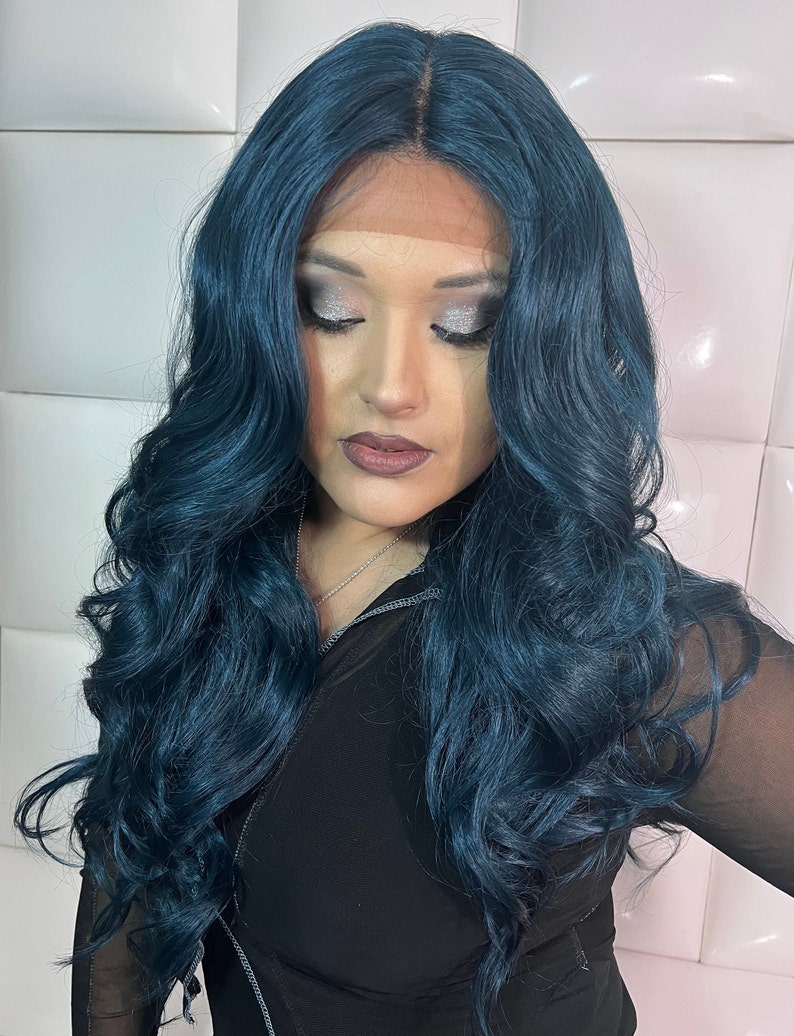 DARK TEAL Swiss Lace Front Wig Deep Center Part Long Wavy - Etsy