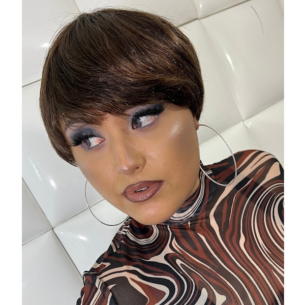 GOLDEN BROWN HUMAN Hair Full Wig * Dark Blonde Pixie Haircut * Short Feathered Hairstyle * Natural Yaki * Mocha Highlights Piece Toffee