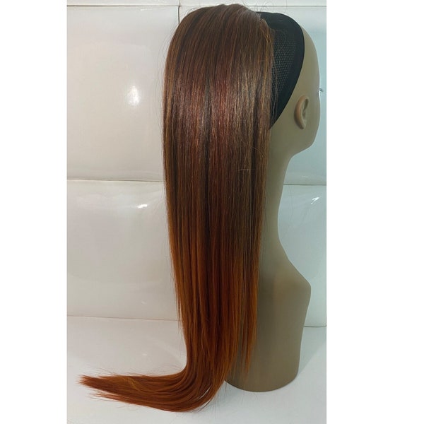 Drawstring Ponytail Human Hair AUBURN BROWN COPPER Dark roots - Extra Long Straight * Natural Yaki Extension * Protective Hairstyle * Pony
