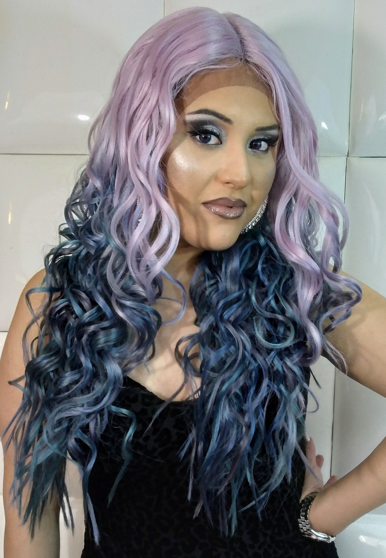 purple full wig. unique full wigs. pastel hair wigs. egirl hair wigs. alt girl hair. barbie hair wigs. costume hair wig. purple costume wig. y2k hair wig. 2000s hair. 90s colored hair. colorful hair wig. unicorn wig. fairy wig. cute purple hair wig