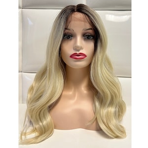 Lace Front Wig * Platinum Blonde (dark brown roots) * Long Wavy Loose Wave * Synthetic Fiber Hair