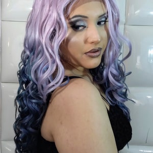 purple and blue hair wig. fairy hair wig. fairy queen hair. halloween hair wig. costume wigs. party wigs. cardi b hair wig. saweetie wig. lavender blue hair. pastel color lace front wig. unicorn lace front wig. rainbow hair wig. watercolor hair wig