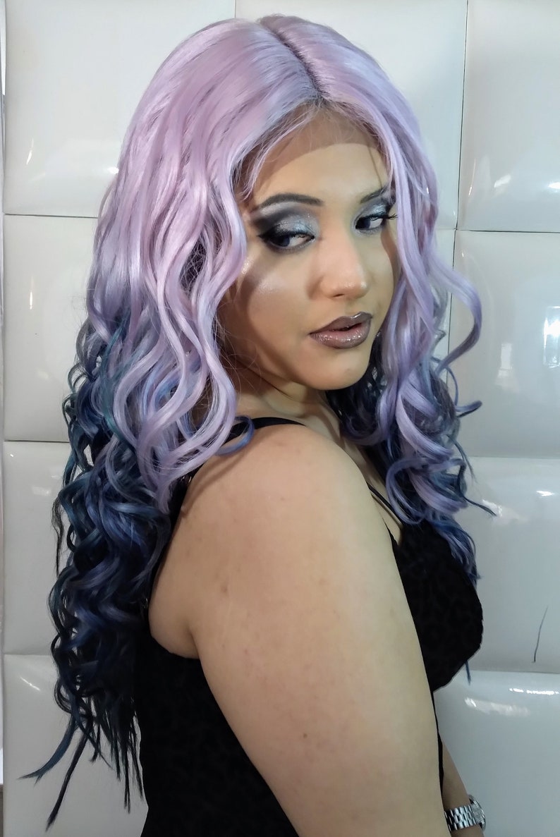 purple and blue hair wig. fairy hair wig. fairy queen hair. halloween hair wig. costume wigs. party wigs. cardi b hair wig. saweetie wig. lavender blue hair. pastel color lace front wig. unicorn lace front wig. rainbow hair wig. watercolor hair wig