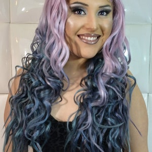 purple and blue hair wig. fairy hair wig. fairy queen hair. halloween hair wig. costume wigs. party wigs. cardi b hair wig. saweetie wig. lavender blue hair. pastel color lace front wig. unicorn lace front wig. rainbow hair wig. watercolor hair wig