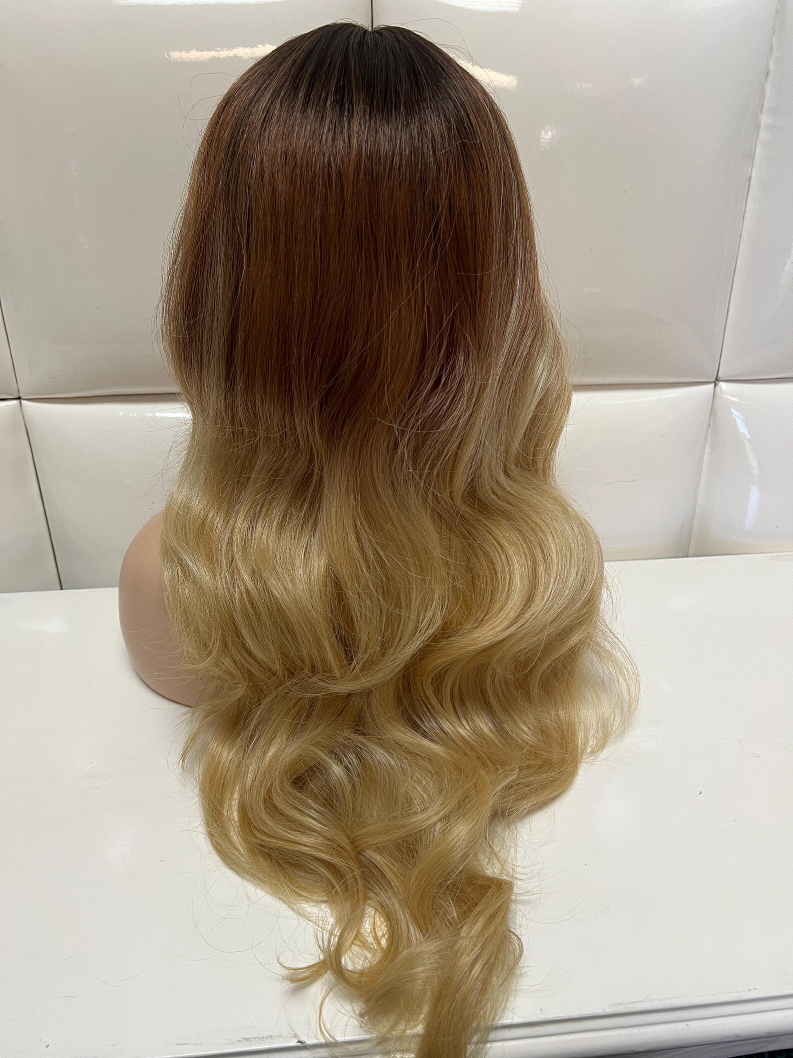 AMBER & STRAWBERRY BLONDE Ombre Hair Dark Roots Swiss Lace Front Wig