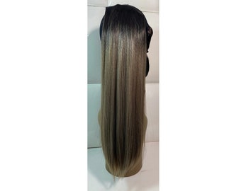 16&quot; DARK ASH BLONDE Synthetic Wrap Around Ponytail / Hair Piece Extension * Brown Roots * Long Straight Toffee Dirty Blond Wheat Ponytail