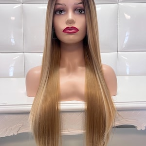 WARM BLONDE Highlights (dark brownish roots) Lace Front Wig - Deep Part * Long Straight * Synthetic Natural Hair -  Y2K 2000s