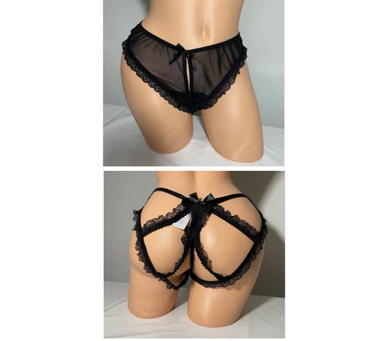 Black Floral Lace Open Back Panties  Mesh Cut Out Lingerie (large) - Etsy