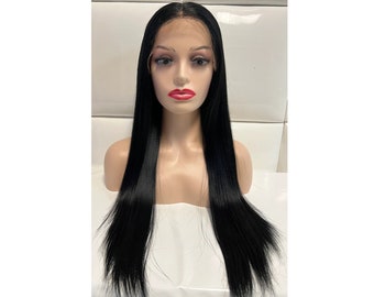 SOFT NATURAL BLACK Synthetic Lace Front Wig - Extra Long Sleek Straight Hair - Natural Hairstyle Wigs - Goth Alt Realistic