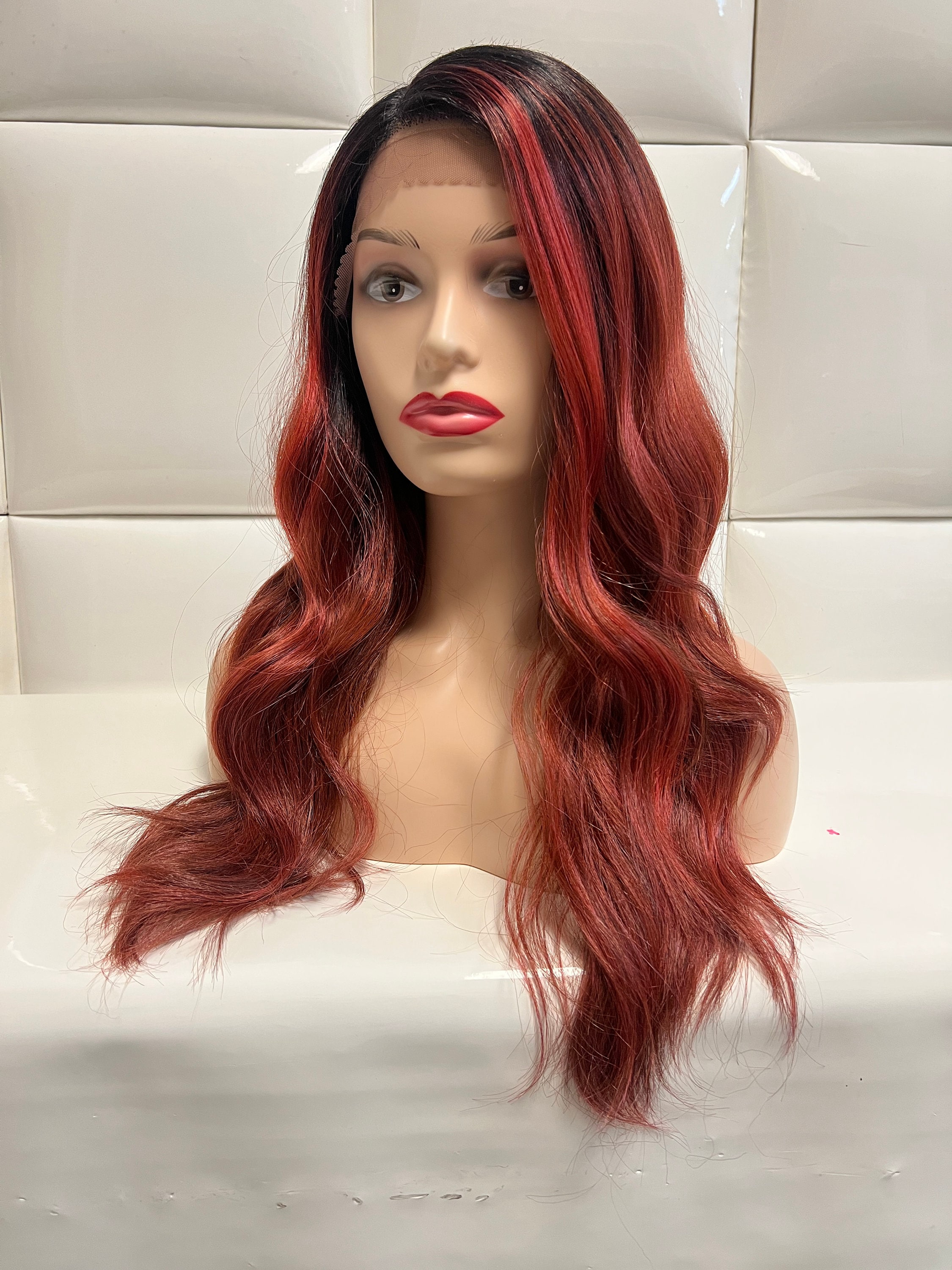 CINNAMON RED Synthetic Swiss Lace Front Wig * Dark Roots  display picture 1