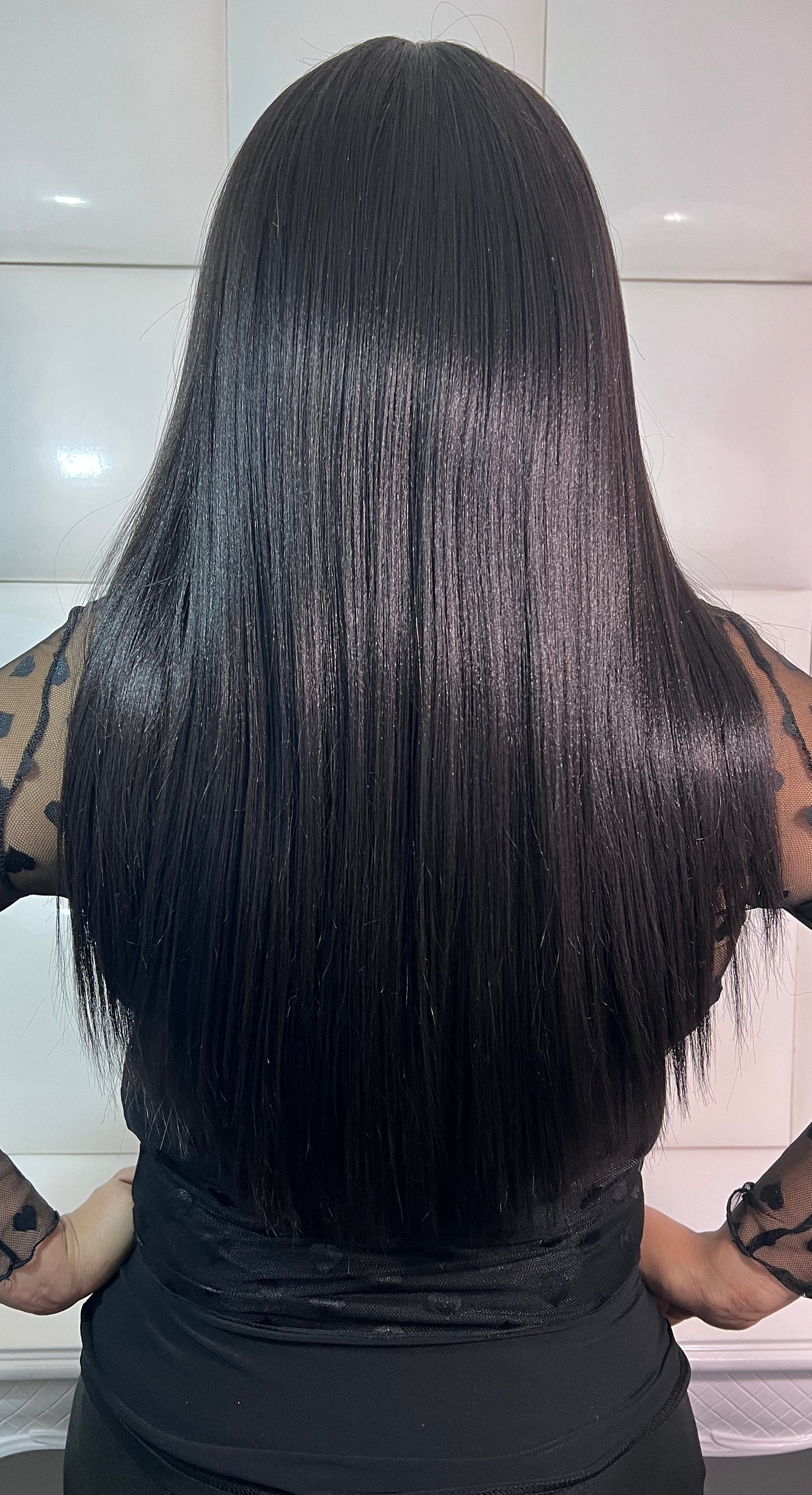 Synthetic Hair Wig Dark Brown Long Sleek Straight Bangs Etsy 日本