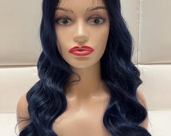 Swiss Lace Front Wig DEEP OCEAN BLUE - Black Roots Ombre  display picture 1