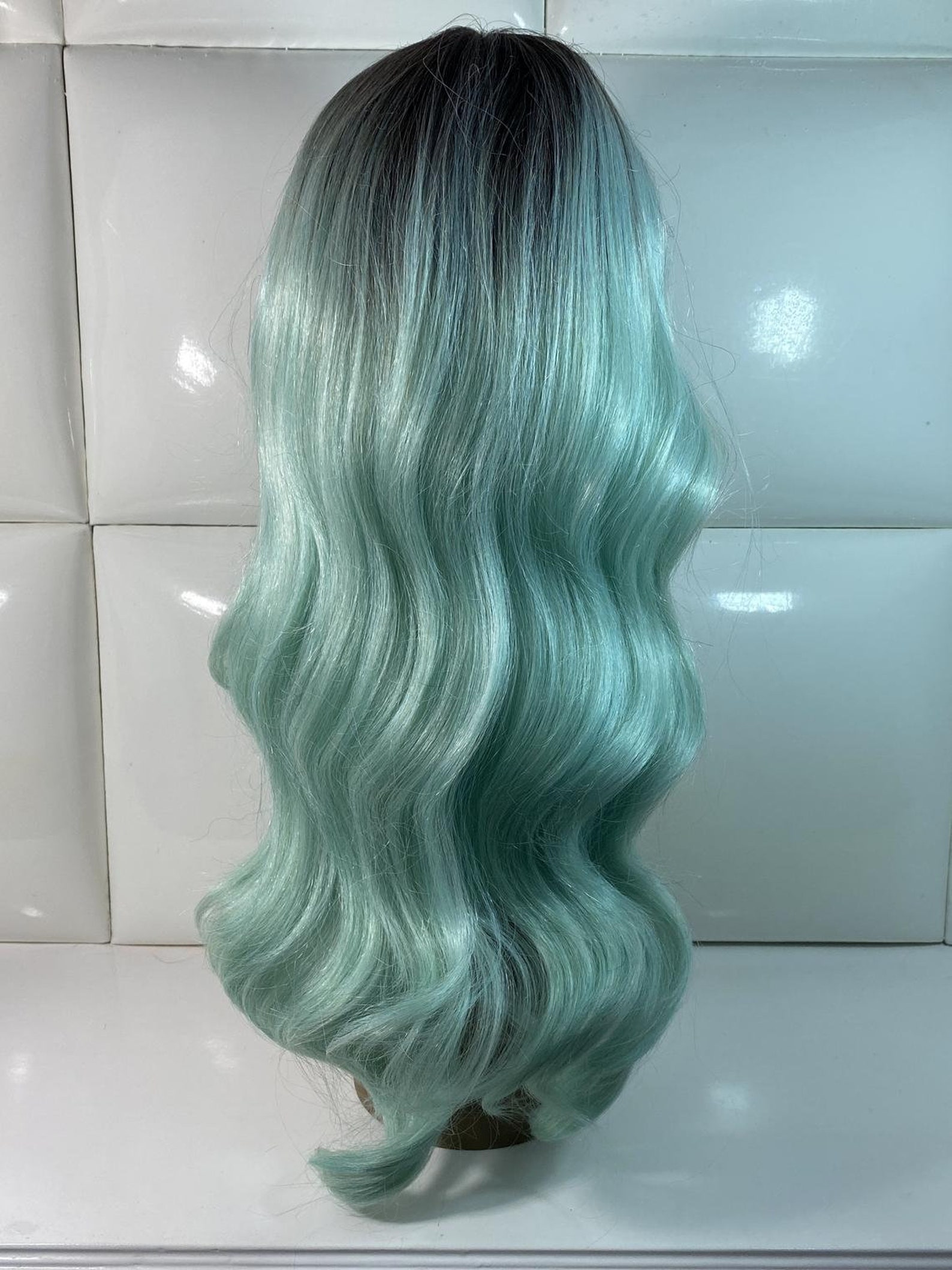 Lace Front Wig LIGHT MINTY GREEN dark roots Long Full Bouncy | Etsy