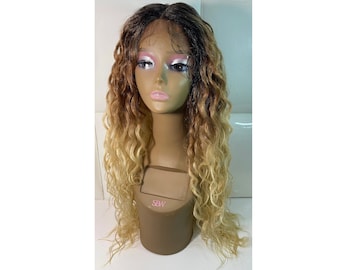 WARM BROWN Beige BLONDE Ombre - Dark Roots Swiss Lace Front Wig - Deep Center Part - Long Wavy Hair - Natural Brazilian Wave - Loose Waves