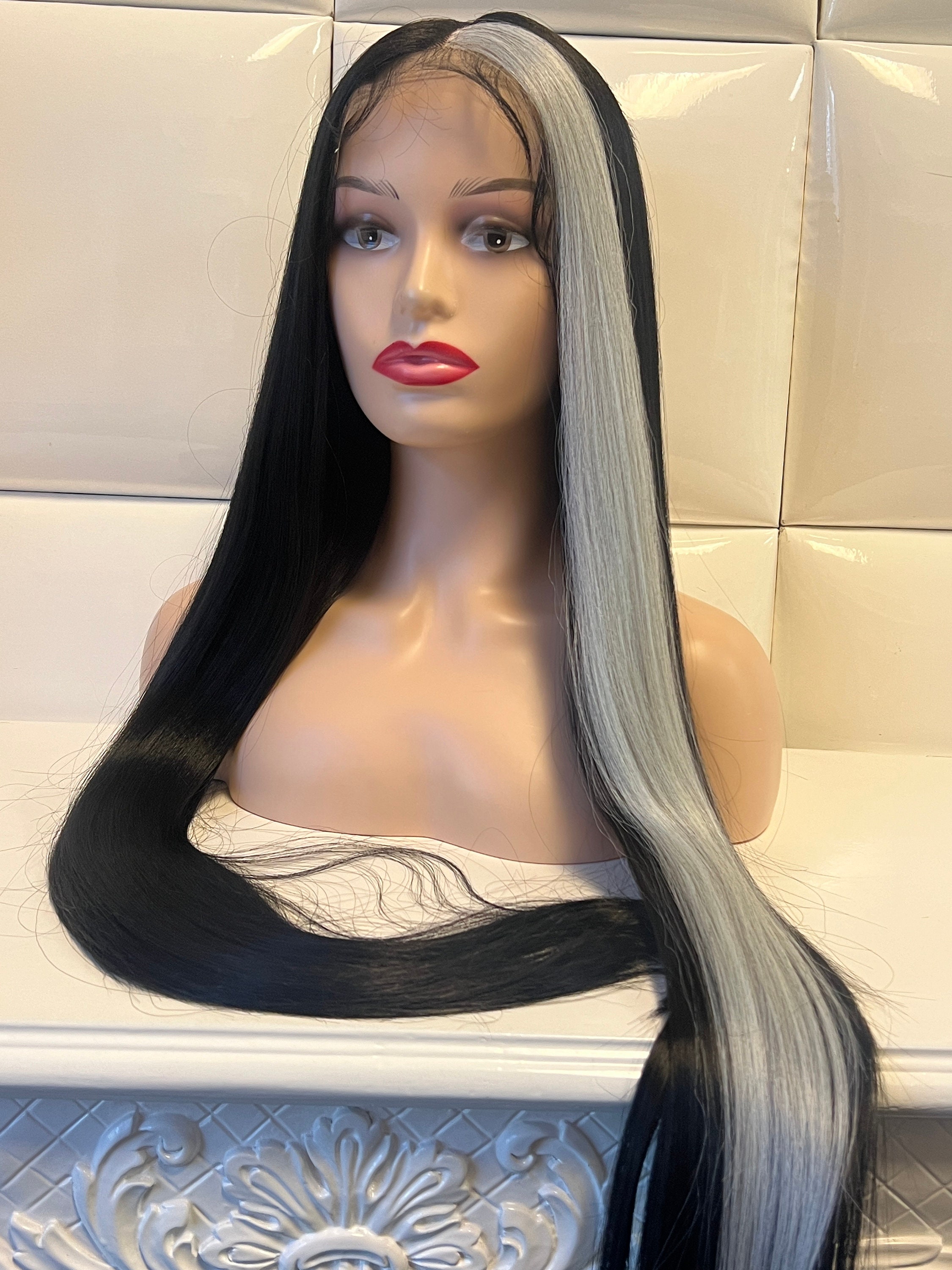 37" BLACK & PLATINUM SILVER Lace Front Wig * Long Straight - Goth Alternative Synthetic Wigs - Alt Gothic Halloween Silver Highlights Y2k