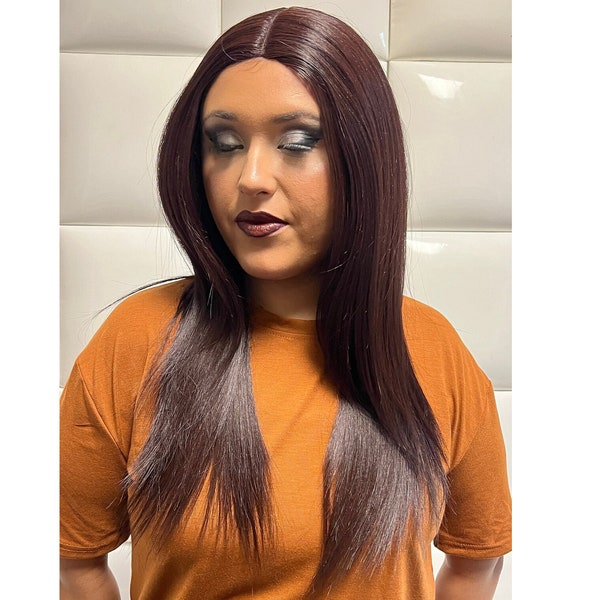 dark RED BURGUNDY Hair - Dark Roots - Synthetic Lace Part Wig *  Long Straight * Natural Maroon Wine Hairstyle Goth Alternative Pelucas Wigs