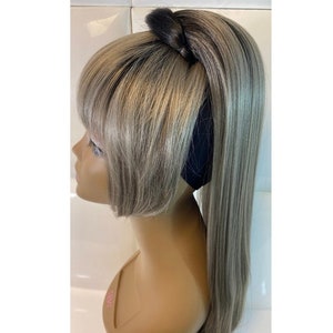 Drawstring Ponytail BANGS Silver GRAY GREY dark Roots 30 Inches Extra Long Straight Synthetic Natural Hair Extension Y2K Alt Greige Etsy