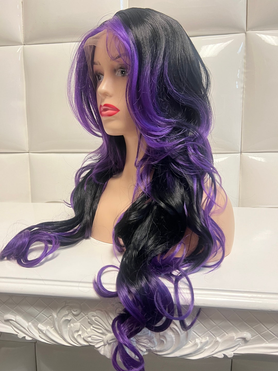 BLACK & PURPLE HIGHLIGHTS Lace Front Wig * Synthetic Long  display picture 3